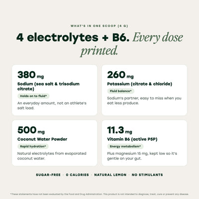 Doses per scoop: sodium 380 mg, potassium 260 mg, coconut water 500 mg, vitamin B6 11.3 mg, magnesium 15 mg