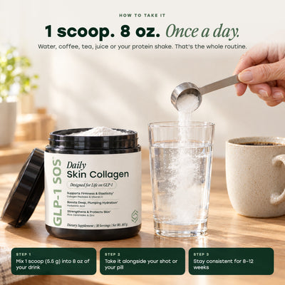 How to take Daily Skin Collagen: 1 scoop in 8 oz of water or your favorite drink, once a day