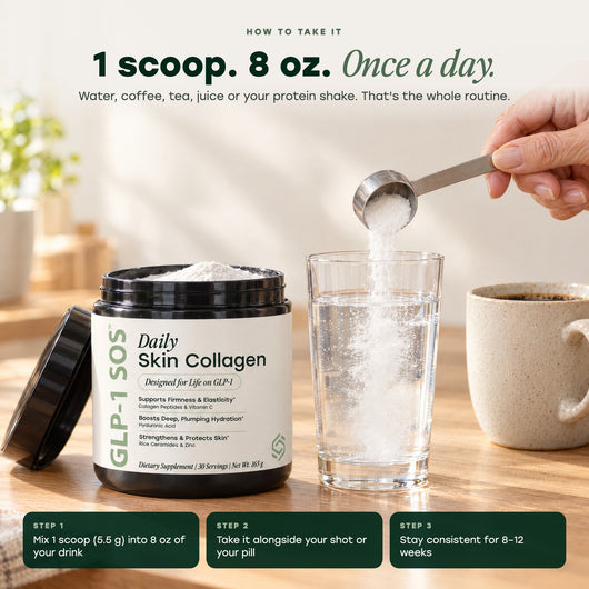 How to take Daily Skin Collagen: 1 scoop in 8 oz of water or your favorite drink, once a day