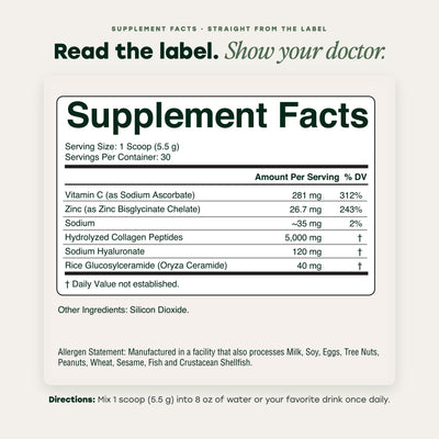 Daily Skin Collagen Supplement Facts panel — serving size 1 scoop (5.5 g), 30 servings